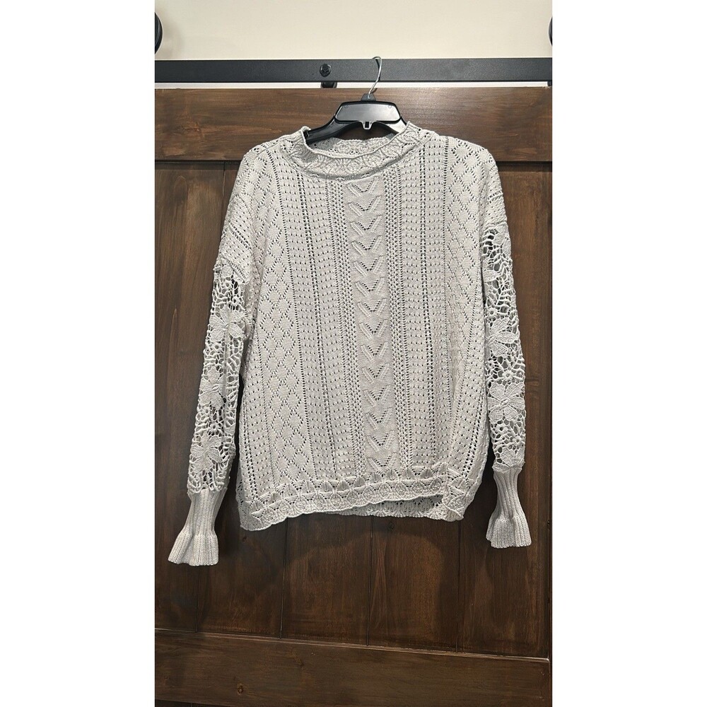 E440 Crochet Knit Sweater Womens M Gray Floral Sheer Cable Bishop Sleeve Eyelet